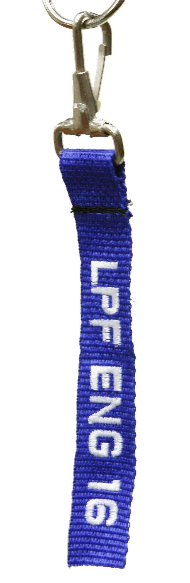 10-02-0005 Name Tag 1in Webbing Spring Clip Blue White Letters