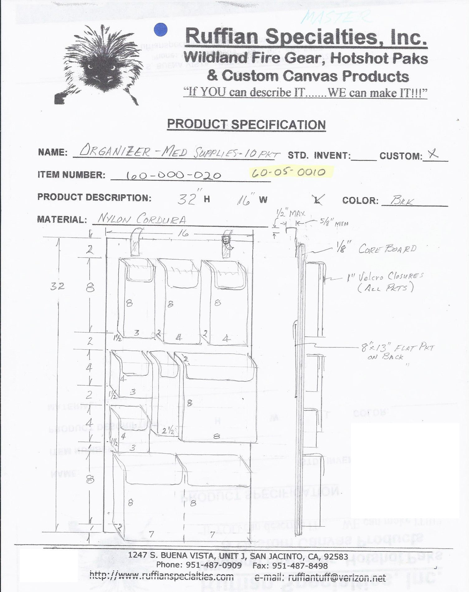 60-05-0010 Medical Organizer 10 Pocket - American Med Flight Style Design Drawing